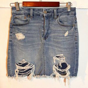 AEO Curvy Hi Rise  Distressed Stretch Denim Skirt